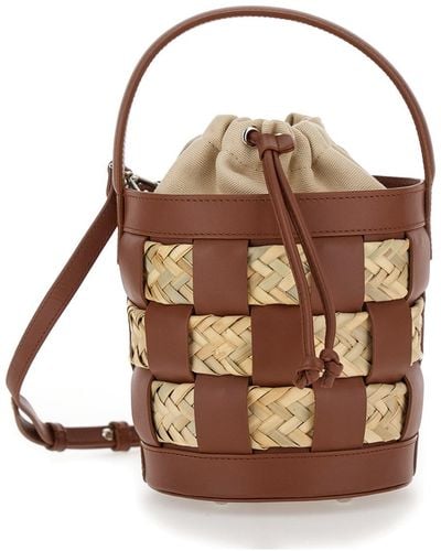 Hereu 'galleda' Brown And Beige Bucket Bag With Drawstring In Rafia And Leather Woman