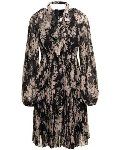 Zimmermann Black Floral-printed Pleated Sunray Mini Dress In Chiffon Woman