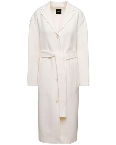 Theory White Relaxed Coat With Matching Belt And Tonal Buttons In Wool And Cashmere