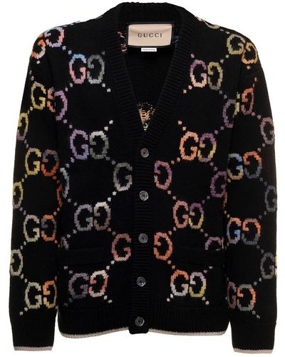 Gucci Cardigan In Wool Knit With Multicoloured gg Jacquard Man - Black