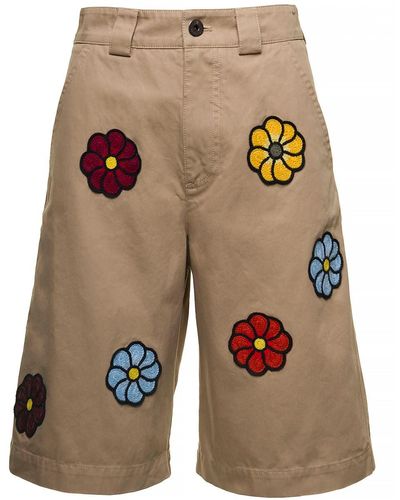 Moncler Genius Bermuda Shorts With Flowers Patches In - Natural