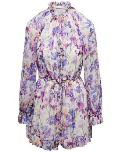 Zimmermann Lilac Tama Playsuit With Floral Print All-over In Viscose Woman - White
