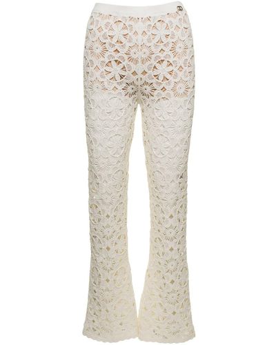 Twin Set Flared Pants With Crochet Work - Natural