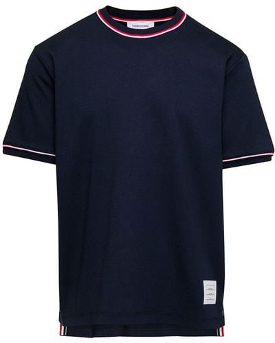 Thom Browne Blue Crewneck T-shirt With Striped Trim In Cotton Man