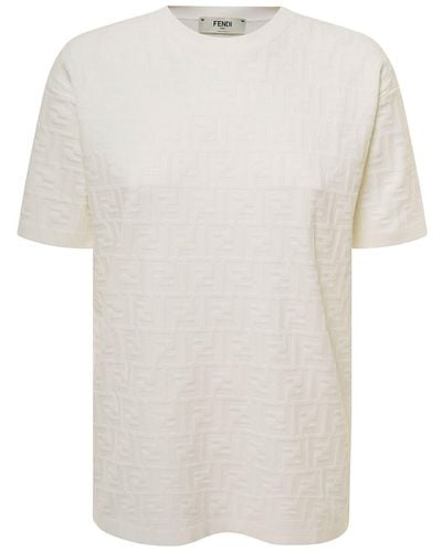 Fendi T-shirt maniche corte con ff logo all-over bianca in viscosa donna - Bianco