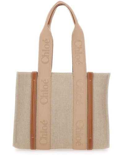 Chloé 'Medium Woody' Tote Bag With Logo Detail - Natural