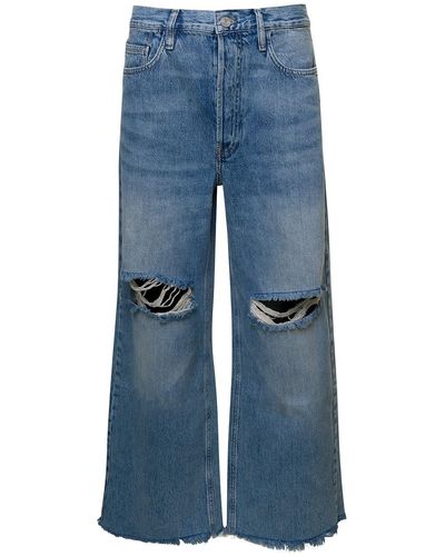 FRAME Jeans a gamba ampia con strappi sulle ginocchia in denim di cotone azzurro donna - Blu
