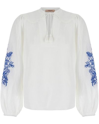 Twin Set Blouse With Drawstring And Floreal Embroideries - White