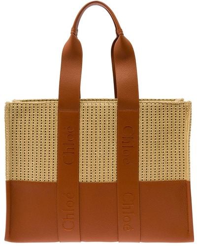 Chloé 'Woody Large' Tote Bag With Logo Embroidery - Brown