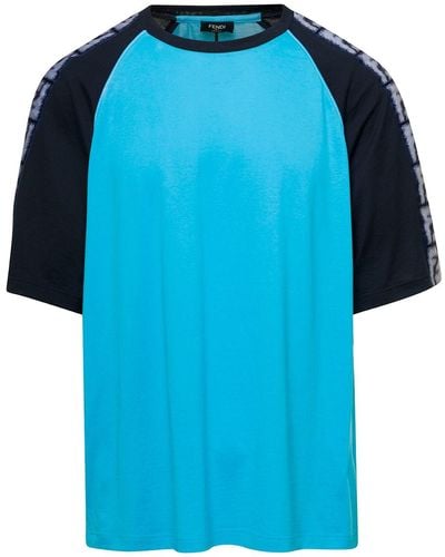 Fendi T-Shirt Girocollo Con Banda Logo Sulle Maniche Bicolor - Blu