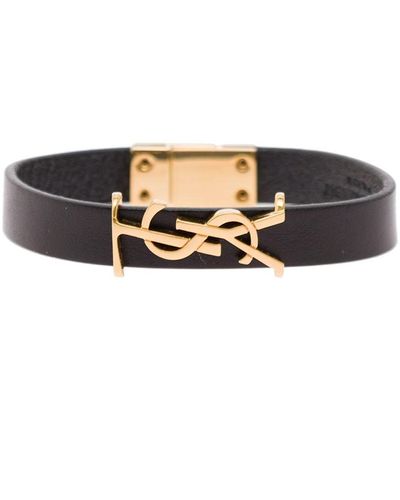 Saint Laurent Bracelet With Golden Logo In Leather Man - Black