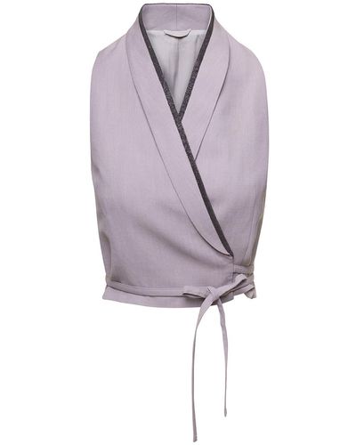 Brunello Cucinelli Lilac Cropped Gilet Jacket In Silk And Linen Blend - Purple
