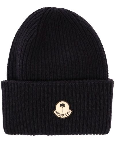 Moncler Genius Beanie With Moncler X Palm Angels Patch In Ribbed Cotton - Black