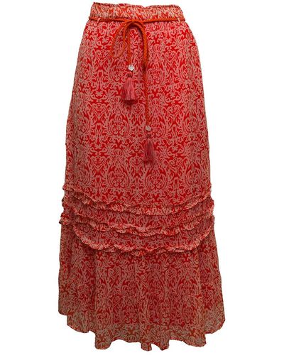 MOLIIN Copenhagen Molin Woman's Hillery Viscosa Printed Long Skirt With Belt - Red