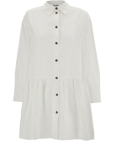 Ganni Mini White Shirt Dress With Flared Skirt In Cotton Woman