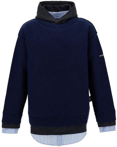 Balenciaga Oversized Multi-Layered Pullover With Logo And Hood In - Blue