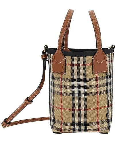 Burberry 'London' Bucket Bag With Check Motif - Natural
