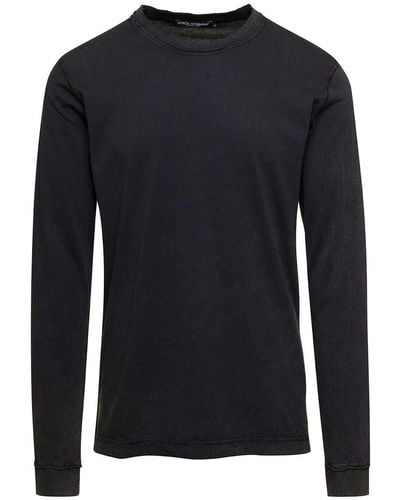 Dolce & Gabbana Black Long Sleeves Crewneck T-shirt In Cotton Man - Blue