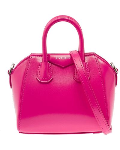 Givenchy 'antigona' Fuchsia Micro Bag With Logo And Pentagonal Patch In Leather - Pink