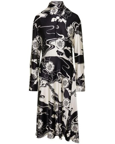 Jil Sander Midi Black And White Floreal Printed Dress With High Neck In Viscose Blend