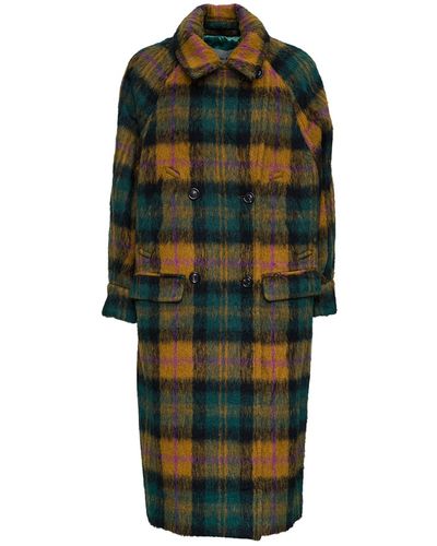 ANDERSSON BELL Double-breasted Check Wool Long Coat - Green