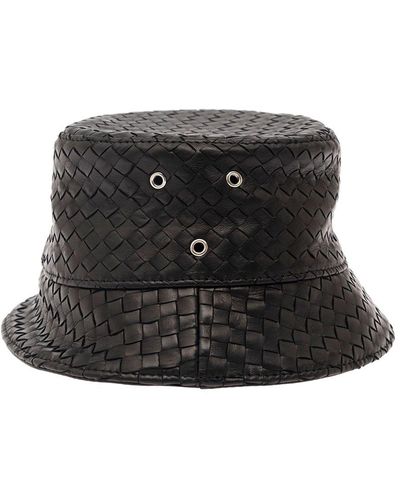 Bottega Veneta Bucket Hat With Metal Eyelets And Intreccio Motif In Leather - Black