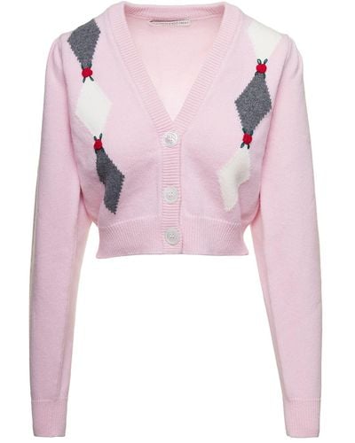 Alessandra Rich Pink Cardigan With 'diamond' Motif And Embroidered Rose Detail In Wool Woman