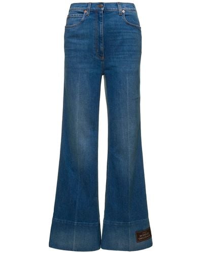Gucci E Flare Pant With Label In Washed Broken Twill Denim Woman - Blue