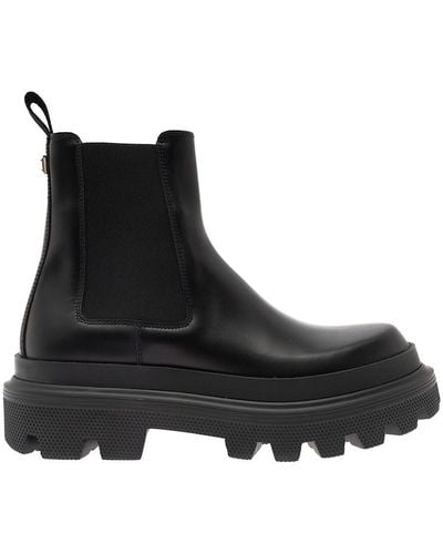Dolce & Gabbana Black Chelsea Ankle Boots With Chunky Platform With Logo Plaque In Leather Blend Man