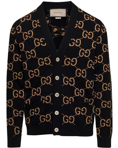Gucci Loose Black Cardigan With All-over gg Motif In Wool