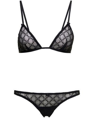 Gucci Lingerie Set With All-over gg Embroidery In Tulle Woman - Black