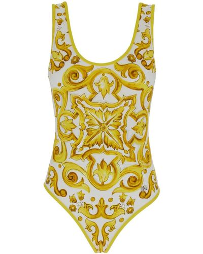 Dolce & Gabbana Yellow And White One-piece Swimsuit With Majolica Motif In Stretch Polyamide Woman