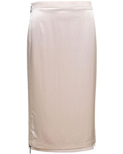 Fendi Midi Pencil Skirt Satin Effect With Logo Patch In Viscose Woman - Natural