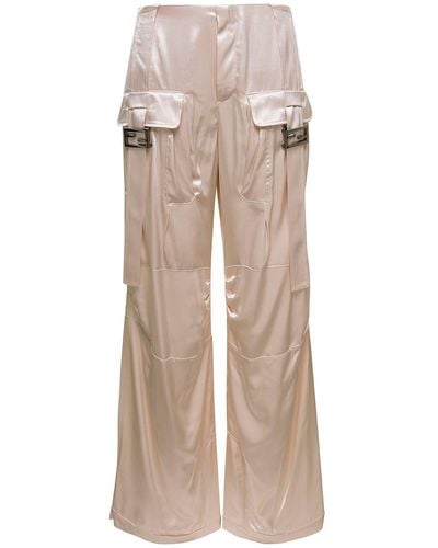 Fendi Ivory Satin Cargo Trousers With Ff Baguette Buckles In Viscose Woman - Natural