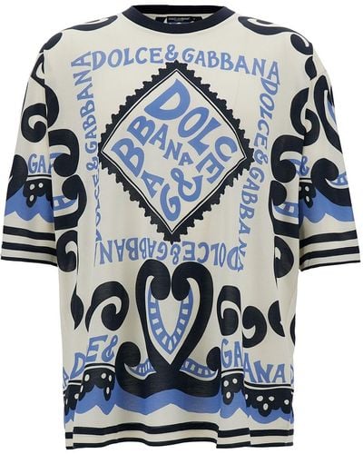 Dolce & Gabbana Light Blue And White Crewneck T-shirt With Marina Print In Silk Man
