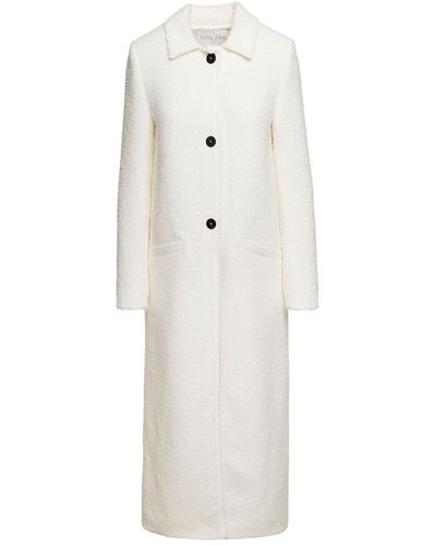 Forte Forte Long White Coat With Black Buttons And Collar In Bouclè Wool Woman