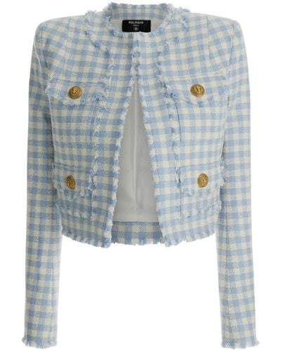 Balmain Light-Bluetweed Cropped Chequered Jacket