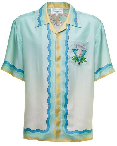 Casablancabrand Man's Memphis Icon Silk Satin Bowling Shirt - Blue