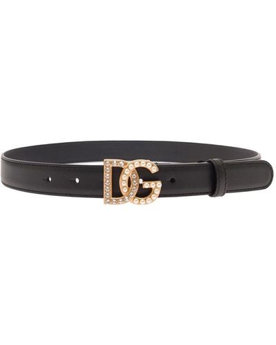 Dolce & Gabbana Cintura Con Fibbia Dg Logo Decorata Con Perle E Strass - Nero