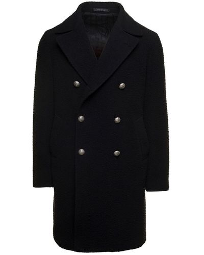 Tagliatore Black Double-breasted Coat With Branded Buttons In Wool Blend Man