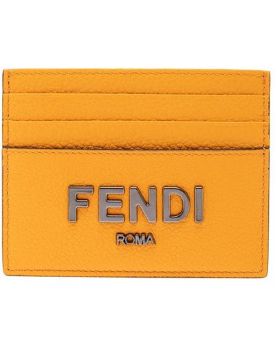 Fendi Portacarte con logo in metallo a rilievo in pelle ne uomo - Arancione