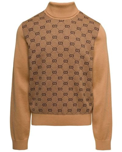 Gucci Camel Gg Jacquard Wool Turtleneck Sweater - Brown