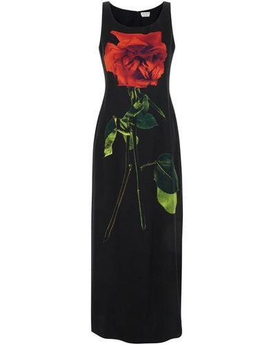 Alexander McQueen Long Dress With Shadow Rose Print - Black