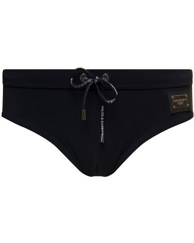 Dolce & Gabbana Black Swim Briefs With Branded Drawstring And Logo Tag In Stretch Polyamide Man