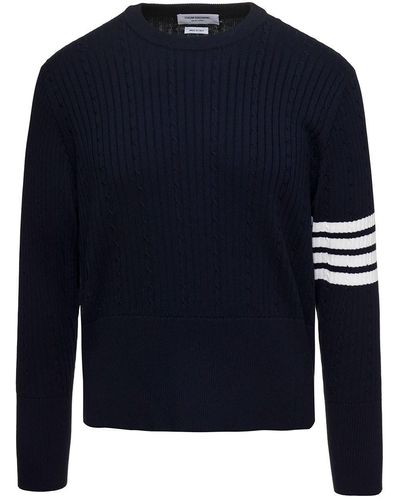 Thom Browne Cable-Knit Sweater With Signature 4 Bar Detailing - Blue