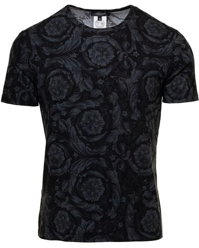 Versace T-Shirt Girocollo Con Stampa Barocco Monocrome - Nero