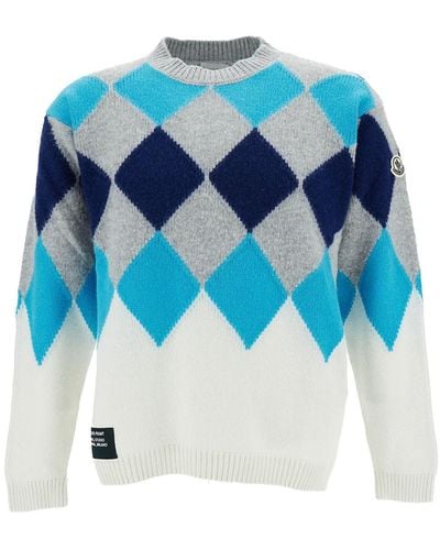 Moncler Genius Sweater With Diamond Pattern And Logo Patch - Blue