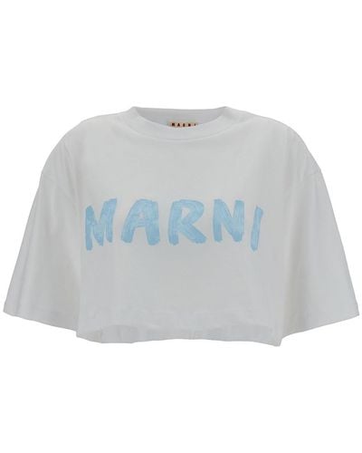 Marni T-Shirt Cropped Con Stampa Logo - Blu