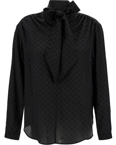 Gucci Shirt With Self-Tie Bow And All-Over Gg Print - Black