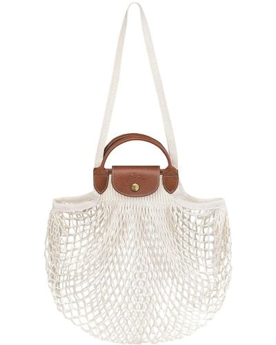Longchamp 'Le Pliage Filet' Handbag With Engraved Logo - White